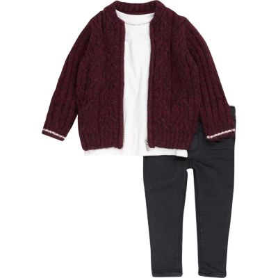 Mini boys red knit bomber, T-shirt and jeans